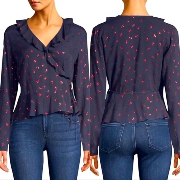 Rails Simone Wrap Front Ruffle Blouse Top Navy Metallic Cherry Size Small S - Picture 1 of 9